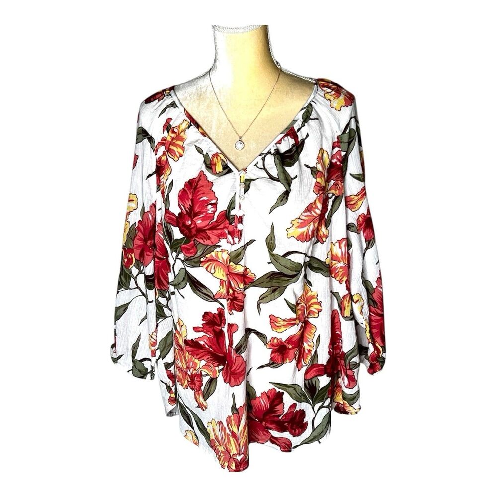 Chaps Denim  White Floral Top Size 1X Boho V-neck Cotton